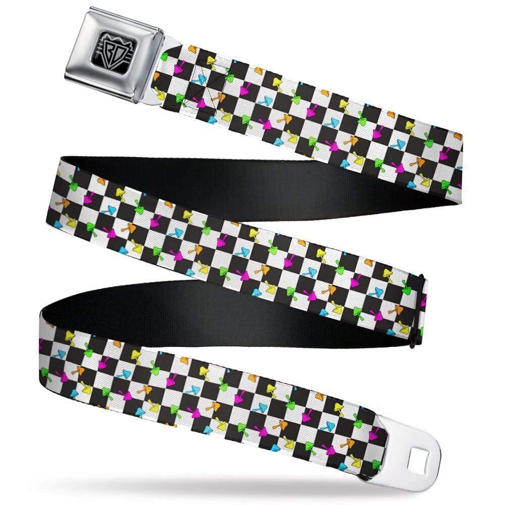 3257 Belt, Seatbelt Buckle Belt, Mushrooms Scattered Checker Black White